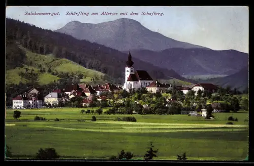 AK Schörfling am Attersee, Panorama mit Kirche und Schafberg
