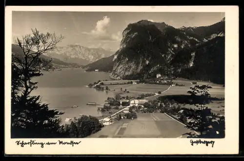 AK Scharfling am Mondsee, Teilansicht mit Bergpanorama