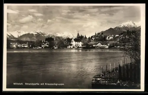 AK Millstatt, Strandpartie mit Kreuzeckgruppe