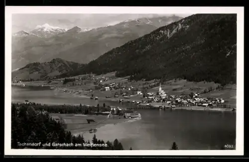 AK Techendorf am Weissensee, Mit Garbschach, Panorama mit See und Kirche
