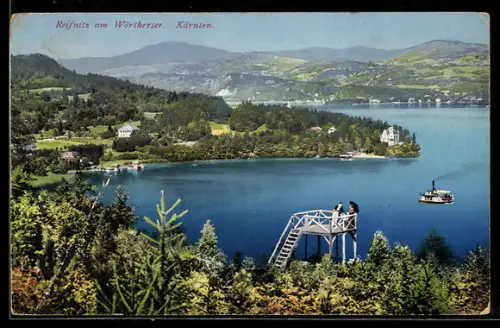 AK Reifnitz am Wörthersee, Panorama mit See, Aussichtsturm und Dampfer