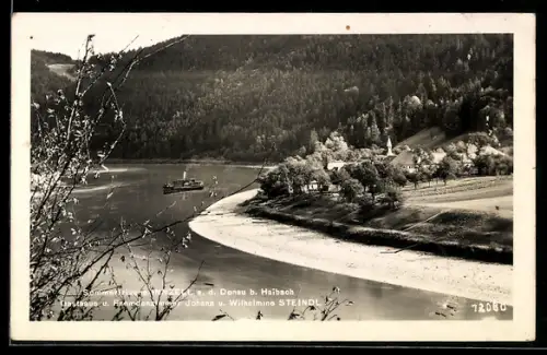 AK Haibach ob der Donau, Inzell a. d. Donau, Gasthaus Steindl, Donauufer mit Fähre