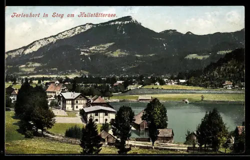 AK Bad Goisern am Hallstättersee, Steeg, Ferienhort, Seeufer mit Häusern und Gebirgspanorama