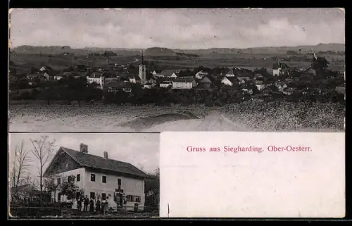 AK Sigharting /O. Ö., Gasthaus im Ort, Blick zur Kirche