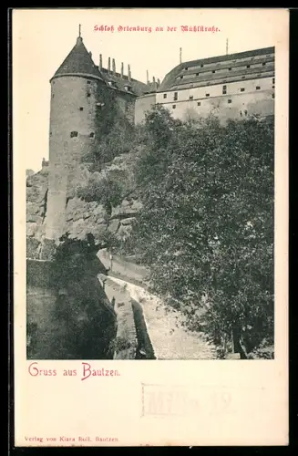 AK Bautzen, Schloss Ortenburg an der Mühlstrasse mit Grünanlagen