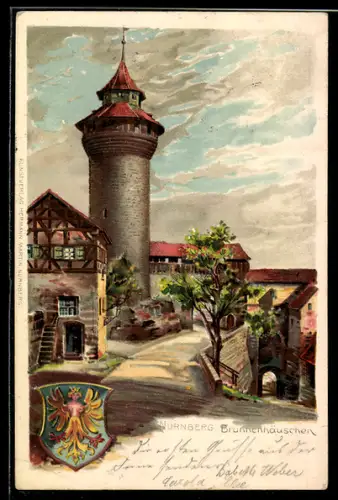 Lithographie Nürnberg, Strassenpartie am Brunnenhäuschen, Wappen