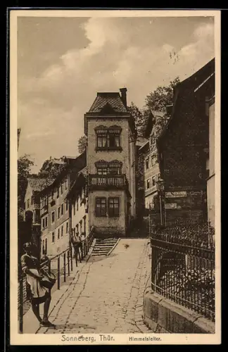 AK Sonneberg /Thür., Himmelsleiter mit Wegweiser zum Schlossberg