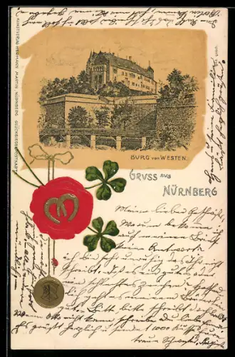 Lithographie Nürnberg, Ansicht der Burg von Westen, Siegel mit Hufeisen und Kleeblättern