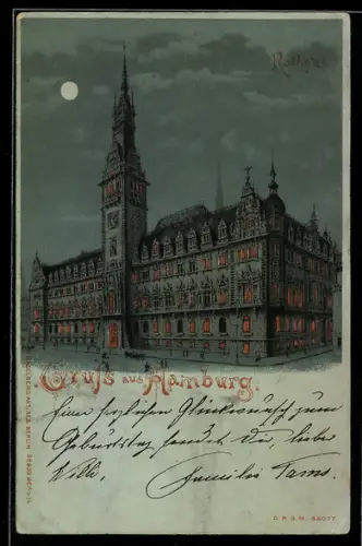 Mondschein-AK Hamburg, Ansicht vom Rathaus