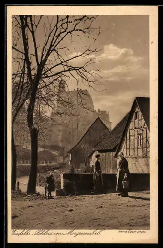 AK Eisfeld, Schloss im Morgennebel