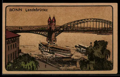 Steindruck-AK Bonn, Landebrücke, Hotel Rheineck, ablegender Raddampfer