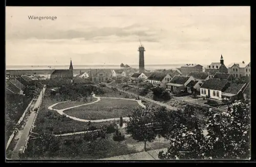 AK Wangerooge, Ortsansicht mit Leuchtturm und Kirche