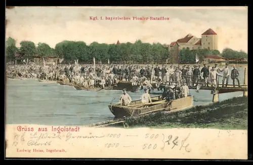 AK Ingolstadt, Kgl. 1. bayrisches Pionier-Bataillon auf Pionierbrücke