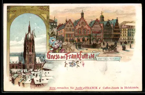Lithographie Alt-Frankfurt, Der neue Römer und Blick zum Dom