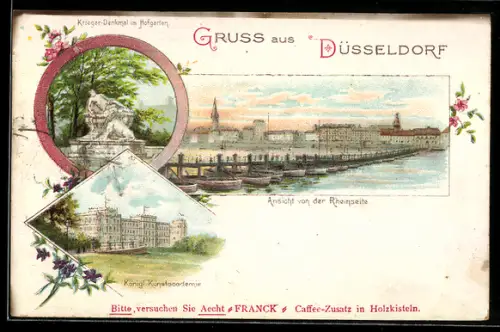Lithographie Düsseldorf, Ansicht von der Rheinseite, Königl. Kunstakademie, Krieger-Denkmal im Hofgarten, Boote
