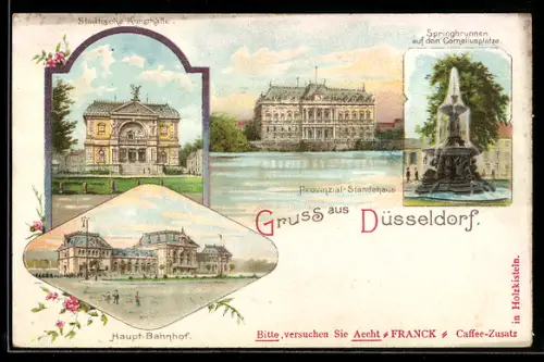 Lithographie Düsseldorf, Hauptbahnhof, Städtische Kunsthalle, Springbrunnen a. d. Corneliusplatze, Provinzial-Ständehaus