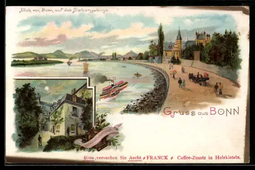 Lithographie Bonn, Blick auf das Siebengebirge