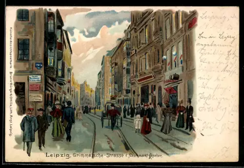 Lithographie Leipzig, Grimmaische Strasse mit Passanten