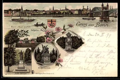 Lithographie Bonn, Ansicht von Beuel, Hofgarten, Arndt-Denkmal, Kriegerdenkmal