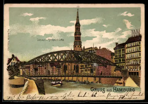 Lithographie Hamburg, Zollkanal mit Kornhausbrücke