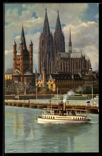 Künstler-AK H. Hoffmann: Köln, Blick vom Rhein nach dem Dom, Dampfer