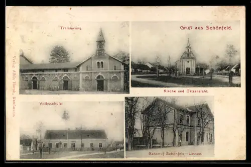 AK Lassee, Gruss aus Schönfeld, Bahnhof Schönfeld-Lassee, Volksschule, Trainierung