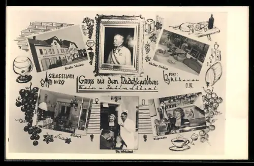 AK Alkoven /O. Ö., Strassham, Gasthaus Radetzky-Weinstüberl, Passepartout mit Weintrauben und Gläsern