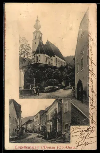 AK Engelhartszell a. Donau, Strassenpartie mit Geschäften und Kirche