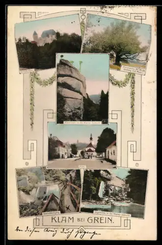 AK Klam bei Grein, Rieseneiche, Rabenstein in der Klamer Schlucht, Schluchteingang