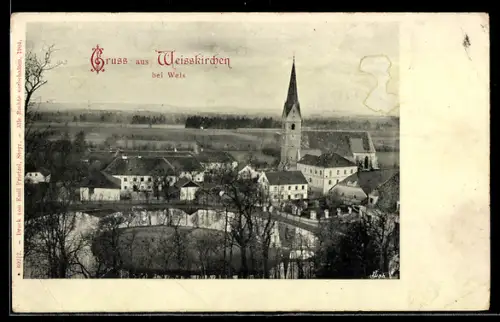 AK Weisskirchen bei Wels, Ortspartie mit Kirche
