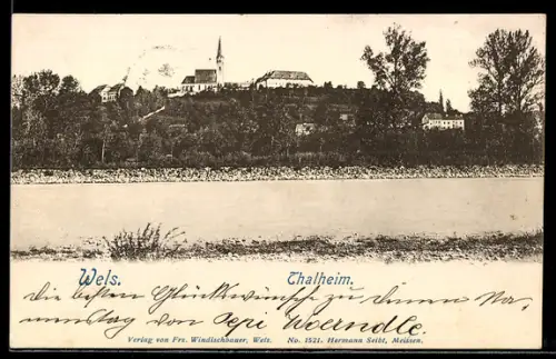 AK Wels, Thalheim, Uferpartie mit Kirche