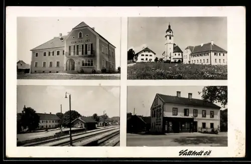 AK Sattledt /O.-Ö., Kaufhaus Dopona, Gemeindeamt, Bahnhof