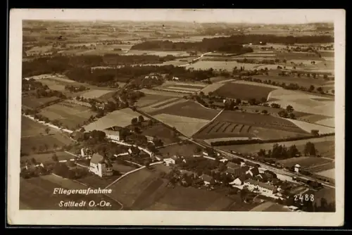 AK Sattledt /O.-Oe., Teilansicht, Fliegeraufnahme