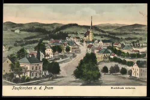 Künstler-AK Taufkirchen a. d. Pram, Totalansicht mit Kirche