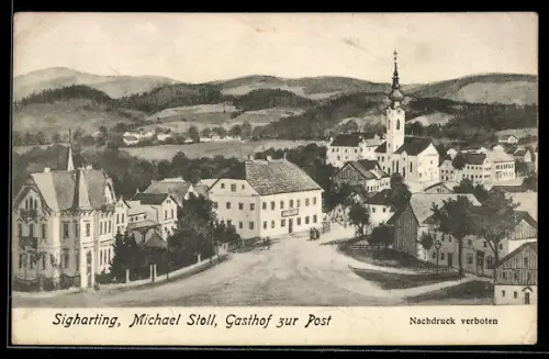 Künstler-AK Sigharting, Gasthof zur Post Michael Stoll, Ortsansicht aus der Vogelschau