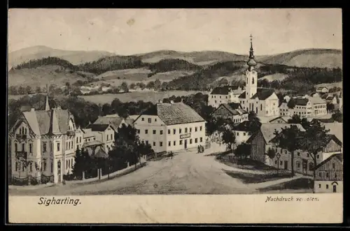 Künstler-AK Sigharting, Ortsansicht mit Kirche u. Bergpanorama