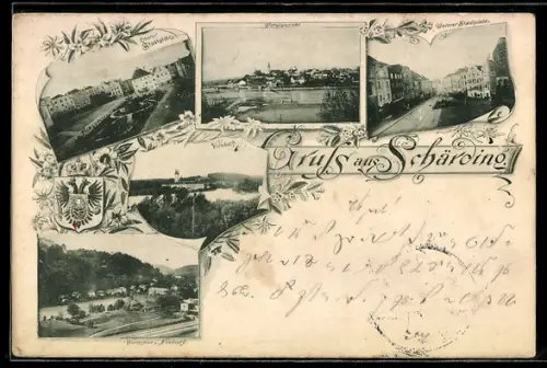 AK Schärding, Innpartie und Stadtansichten, Wernstein u. Neuburg, Vornbach, Wappen