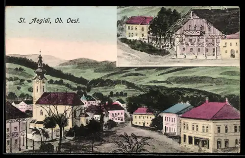 Künstler-AK St. Aegidi /Ob. Oest., Marktplatz mit Kirche, Ortspartie