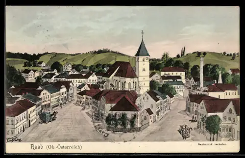 Künstler-AK Raab /Ob. Öst., Marktplatz mit Kirche aus der Vogelschau