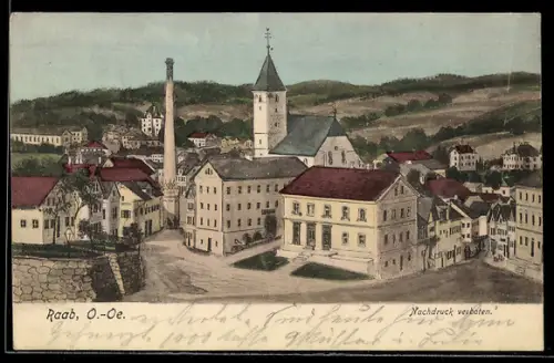 Künstler-AK Raab /O.-Oe., Ortspanorama mit Kirche und Fabrikschornstein