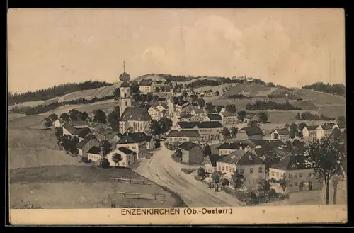 Künstler-AK Enzenkirchen /Ob. Öst., Gesamtansicht mit Kirche