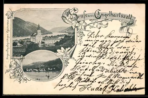 AK Engelhartszell, Ortsansicht mit Kirche und Donau, Panorama