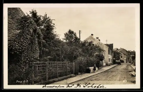 AK Perg /O. Ö., Strasse mit Häuserreihe und Gartenzaun
