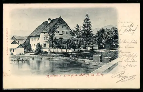AK Steg, Gasthaus zum goldenen Schiff, Uferpartie