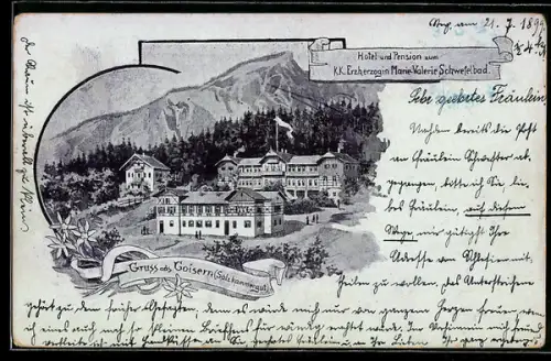 Künstler-AK Goisern /Salzkammergut, Hotel und Pension K.K. Erzherzogin Marie Valerie Schwefelbad, Bergspitze, Edelweiss