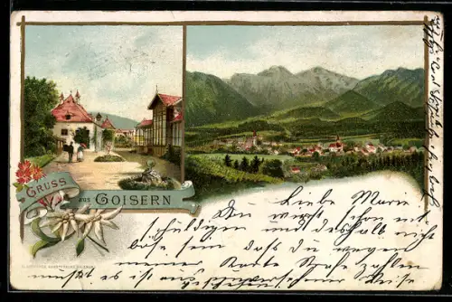 Lithographie Goisern, Strassenpartie und Gesamtansicht mit Bergen, Edelweiss