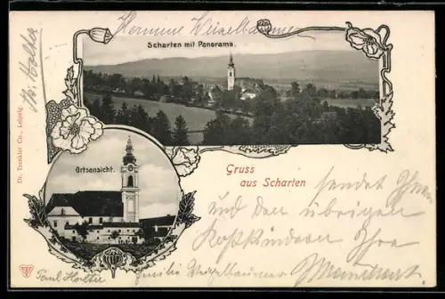 AK Scharten, Panorama mit Ortsansicht und Kirche, Ornament-Rahmen