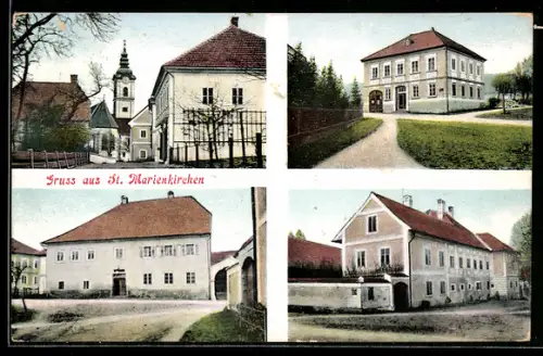 AK St. Marienkirchen, Ortspartie mit Kirche, Gebäudeansichten