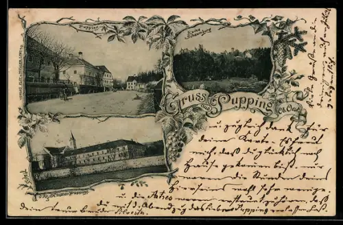 AK Pupping /Ob. Öst., Kloster, Strassenpartie, Ruine Schaumburg