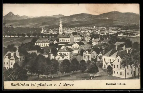 Künstler-AK Hartkirchen bei Aschach a. d. Donau, Totalansicht aus der Vogelschau